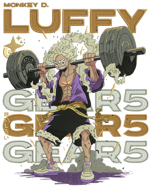 A stylized illustrated graphic of Monkey D. Luffy from One Piece lifting a barbell, with large text reading 'MONKEY D.